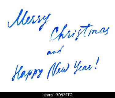 Merry Christmas and Happy New Year handwritten blue lettering on white background Stock Photo