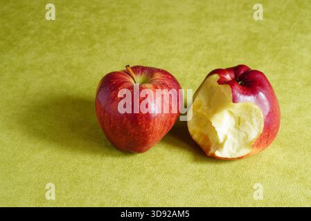 Closeup of whole and bitten Starkrimson red apples on green background with copy space Stock Photo