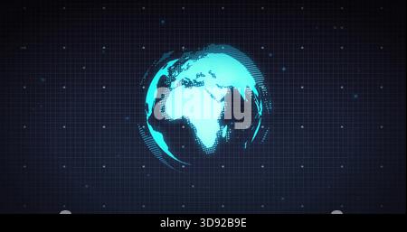 Rotating holographic globe projecting cyan halftone continents on dark grid plane, with motion arcs Stock Photo