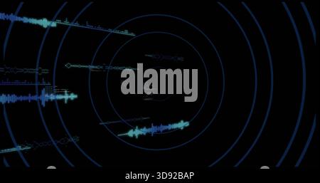 Displaying concentric blue rings and cyan waveforms rotating and pulsing on black HUD, with glyphs Stock Photo