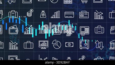 Displaying teal candlesticks and blue trend line on digital dashboard, with finance icons Stock Photo