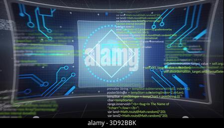 Displaying central hologram panel filling curved display, with diamond icon, dotted ring, code Stock Photo