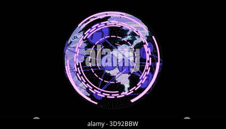 Spinning dotted globe floating against black void, showing magenta rings, node icons and links Stock Photo