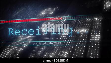 Displaying large cyan HUD Receiving on network HUD, showing progress bar and encrypted data trace Stock Photo