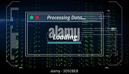 Displaying central white-framed dialog box on virtual interface, showing teal-striped progress bar Stock Photo