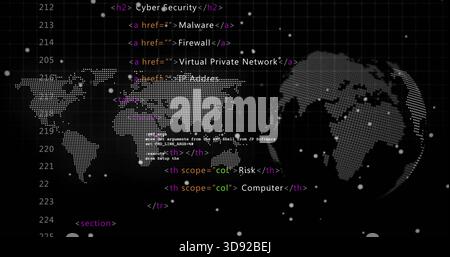 Displaying dotted world map and dotted 3D globe pulsing in cyber dashboard, with code Stock Photo