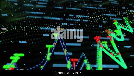 Displaying neon zigzag line chart moving across virtual trading dashboard, with glowing data nodes Stock Photo