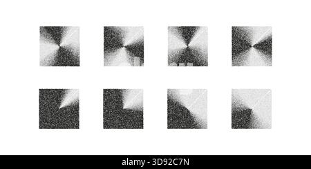 Set of square gradient grain textures with noise and stipple shadow effects. Abstract grain, noise and halftone shapes for backgrounds, retro design Stock Vector
