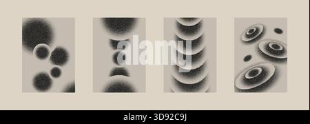 Set of abstract grainy circle textures with halftone spray, ripple rings and stipple gradients. Distressed retro shapes for overlays, posters, graphic Stock Vector