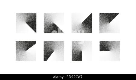 Geometric gradient grain textures with triangle and corner shapes. Abstract grain, noise and halftone effects for retro design, dotwork graphics Stock Vector