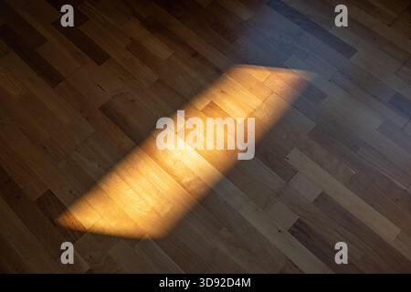 Sunlight spot or beam on a parquet, or hardwood tile floor inside apartment room. Top down view, no people, wide angle, natural grain and color variat Stock Photo