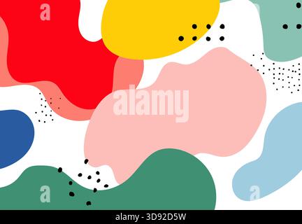 Modern composition of bright red, blue, and pastel fluid shapes with black dash accents. Stock Vector