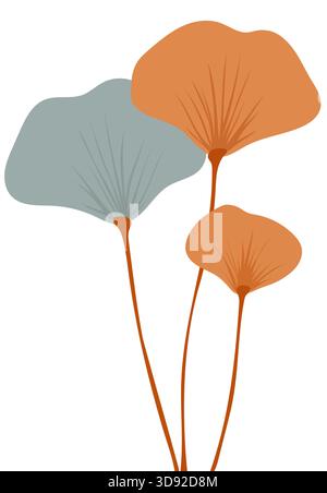 Illustration of three stylized flowers on long stems, two orange and one grey. Stock Vector