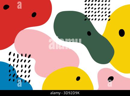 Pattern of large red, yellow, and pink organic blobs with scattered black dots on white. Stock Vector