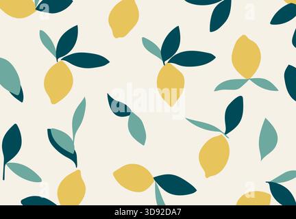 A seamless pattern of yellow lemons and dark teal leaves on a light beige background. Stock Vector