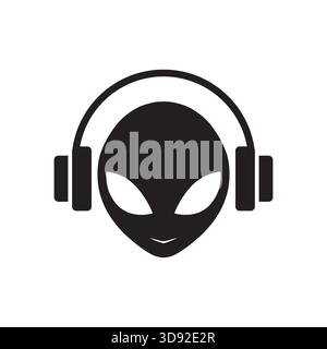 Alien with headphones logo design concept. Simple alien music sign illustration, vector. Stock Vector