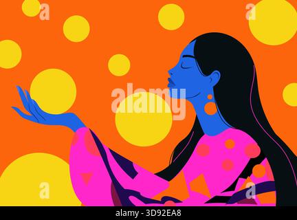Profile illustration of a blue-skinned woman surrounded by yellow orbs on orange. Stock Vector