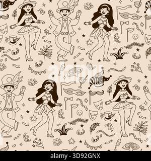 Outline Carnival Celebration Seamless Pattern. Happy Dancers people, Masquerade, party, show with Feathers, Masks, festive elements on light Backgroun Stock Vector