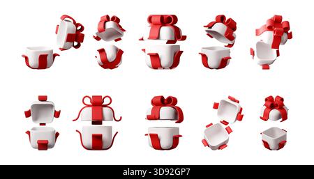 White realistic 3d gift box with red ribbon and bow in different opened and closed positions. Holiday present for celebration, Christmas, New Year. Ve Stock Vector