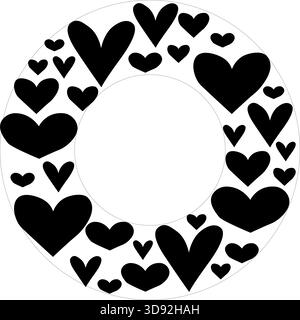Black hearts Frame circle square Valentine's Day. Vector graphic line black and white illustration. Silhouette sign for logo, print, comics, fashion, Stock Vector