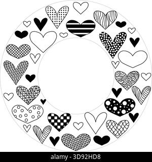 Hand drawn doodle hearts Frame circle Valentine's Day. Vector graphic line black and white illustration. Copy space Template for package, holiday desi Stock Vector
