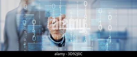 Binary Code and Software Programming Visualization with Interactive Digital Interface. Stock Photo