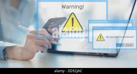 Security Warning Notifications Displayed on Digital Interface with Risk Alert Symbols. Stock Photo
