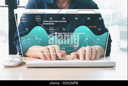 Hand typing laptop futuristic digital dashboard displaying data points analytics charts interface elements representing data analysis business intelli Stock Photo