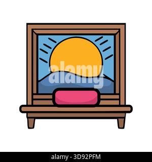 Sunset over the sea painting on wooden easel beautiful art piece Stock Vector