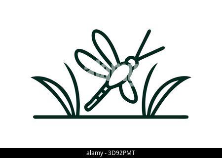 Simple line art of a dragonfly perched on blades of grass Stock Vector