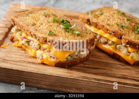 Cheesy tuna melt hot toast with red onion, capers and melting cheese closeup on wooden board on the table. horizontal Stock Photo