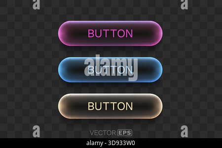 Modern glowing UI buttons with neon effect in various colors, ideal for web design and user interfaces. Vector illustration Stock Vector