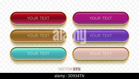 Set of glossy, colorful web buttons with golden borders, ideal for user interface design. Vector illustration Stock Vector