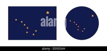 Alaska state flag icon. Alaska State circle, rectangle flag button. Rectangular, round flag of Alaska badges set. Stock Vector