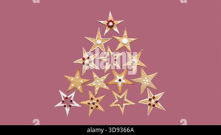 Christmas tree made of ginger star shape sugar cookies. Conceptual Christmas sweet food ornament. Hand decorated food. Isolated. Winter banner Stock Photo
