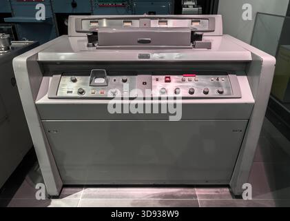 A massive vintage Ampex VR1000A video tape recorder console on display in the Science Museum, London. Stock Photo