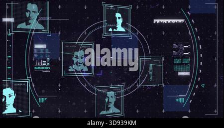 Displaying central HUD reticle projecting cyan portrait frames rings and data panels over starfield Stock Photo