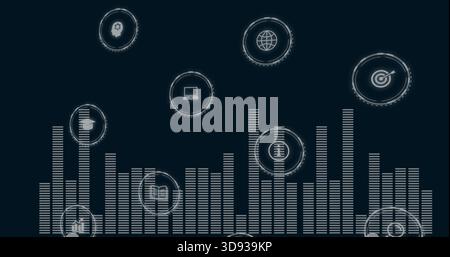 Displaying segmented equalizer showing analytics on dark navy field, with HUD rings showing icons Stock Photo