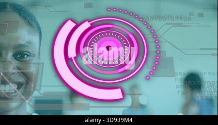 Displaying magenta HUD with dotted arcs over teal studio, showing smiling woman left, blurred team Stock Photo