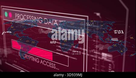 Displaying holographic world map overlay on dashboard showing magenta progress bar and UI panels Stock Photo