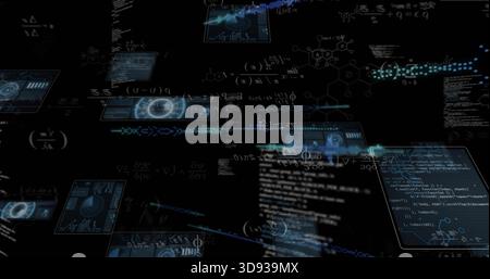 Rotating holographic panels showing code, formulas, molecules, HUD graphs and trails in cyberspace Stock Photo