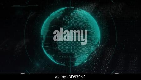 Rotating teal hologram globe showing continents in virtual HUD, with axis, rings, grid, data points Stock Photo