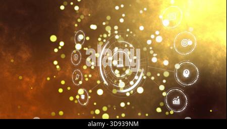 Projecting central HUD with laptop icon and rings in warm gradient backdrop, with nodes and bokeh Stock Photo