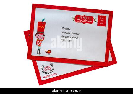envelopes with top one addressed to Santa Santas Grotto Reindeerland  part of Letter to and from Santa Set isolated on white background Stock Photo