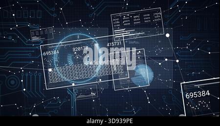 Showing cluster of clear HUD panels in digital UI, displaying numbers, key matrix, holographic ring Stock Photo