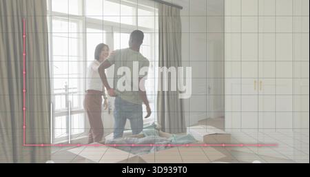 Standing casual couple touching shoulder by glass doors at home holding keys boxes pink line Stock Photo