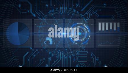 Displaying central dashboard showing rotating radar rings in UI, with globe pie bar and line charts Stock Photo