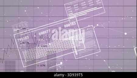 Displaying central translucent GUI windows showing line charts, numeric labels on purple grid Stock Photo