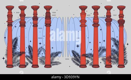 Abstract background with various 3D wireframe red columns, colonnade among tropical leaves, graphic of geometric shapes modern design vector colorful Stock Vector