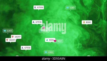 Floating cluster of social alert bubbles drifting on digital green vapor backdrop, showing counters Stock Photo